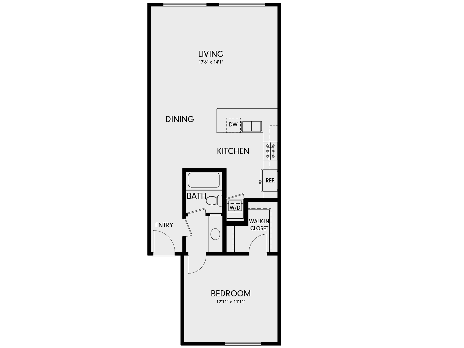 Floor plan for 1 bed, 1 bath, 806 sqft